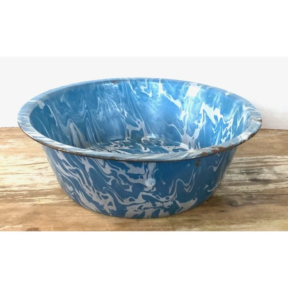 Antique vintage enamelware enameled swirl blue white basin bowl chippy farmhouse